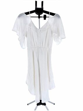 GB White Cold Shoulder Boho Dress Flowy Crochet Trim Summer Mini Dress Small